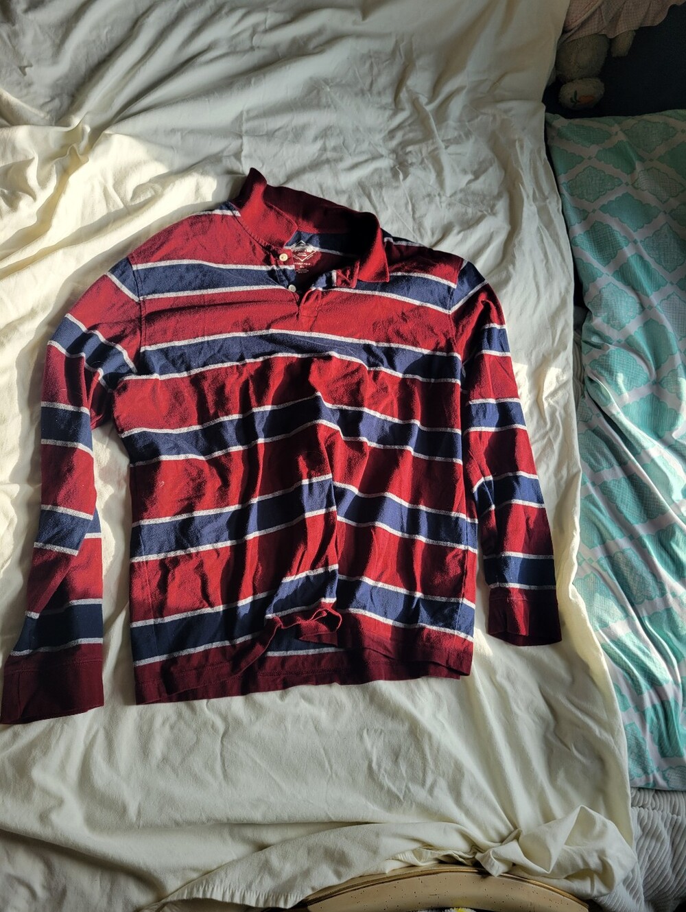 St. John's Bay Red and Navy Striped Long Sleeve Button Down Shirt